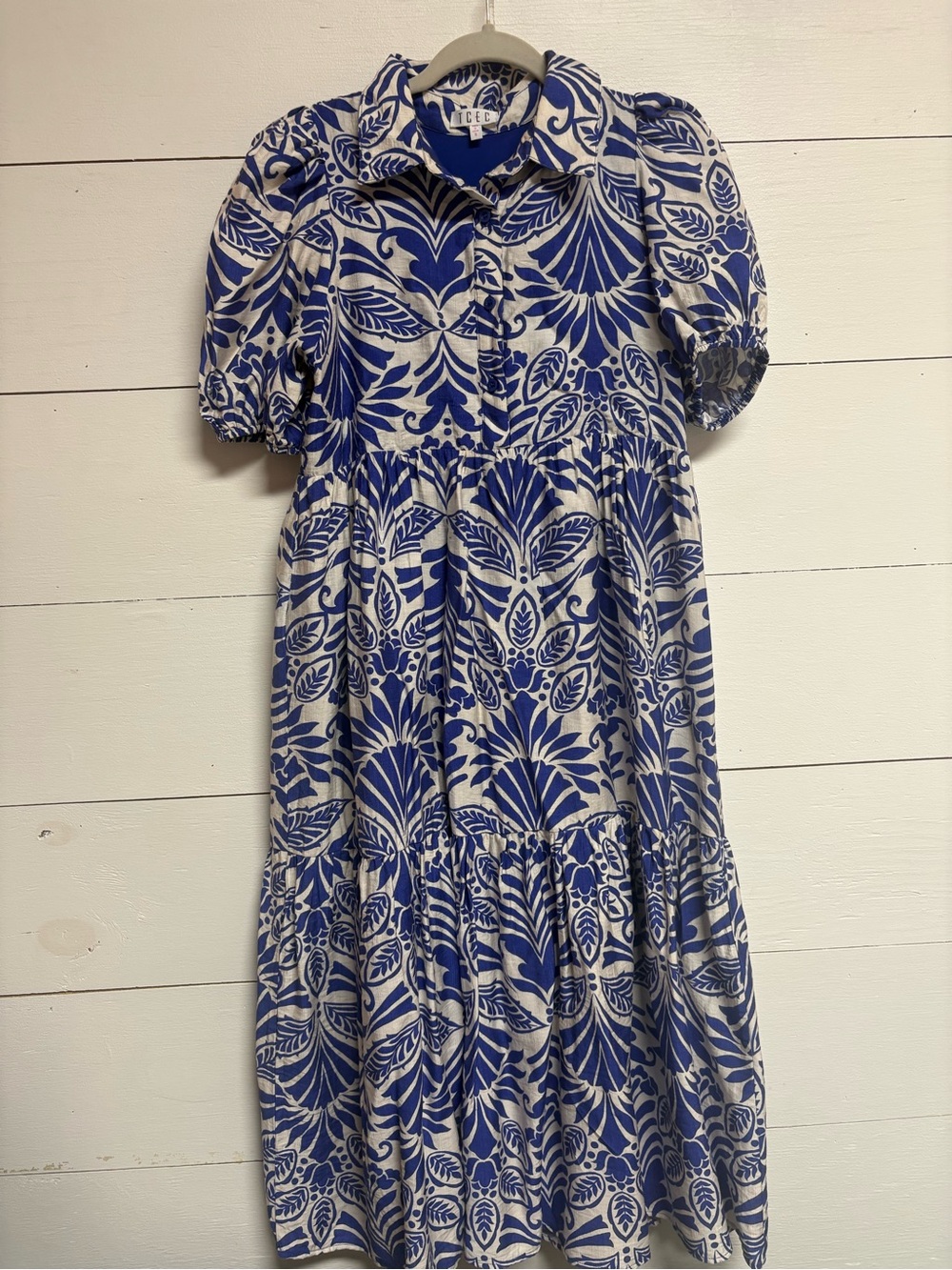 TCEC Blue White Floral Print Tiered Midi Dress Puff Sleeve Small